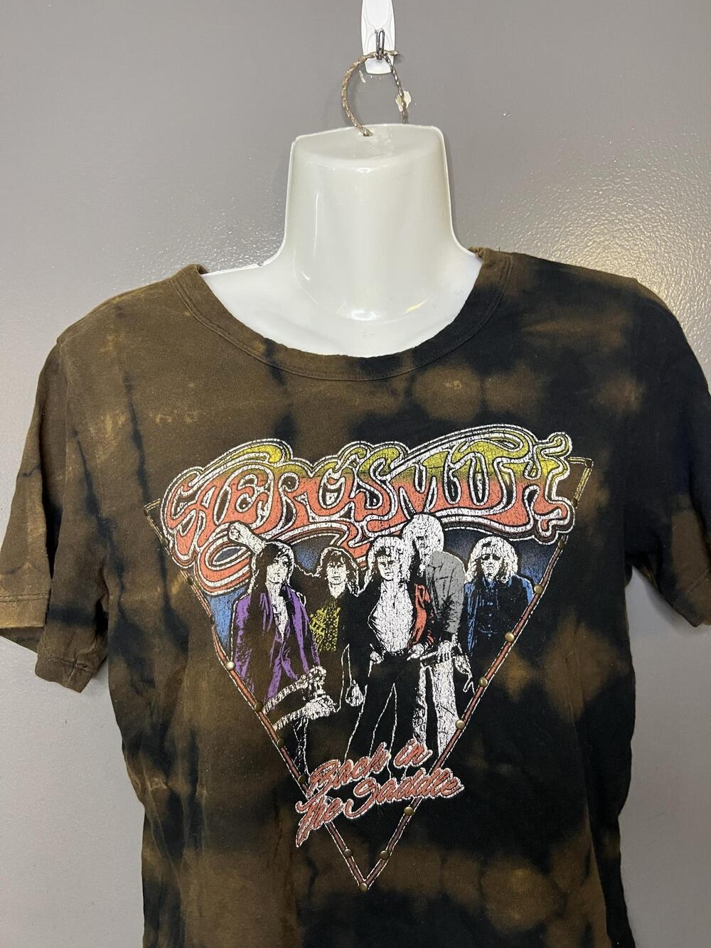 Aerosmith Back In The Saddle Shirt Womens Med Crop Black Bleach Tie Dye Studded